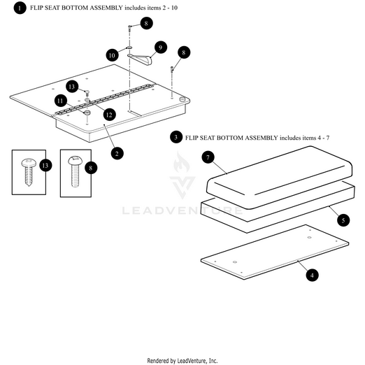 Exploded diagram showing the Seat Strap Econ assembly for Arctic Cat Wildcat, detailing cushion, metal plates, screws, and bolts. OEM Arctic Cat parts are labeled 2–13 with matching descriptions for each component.