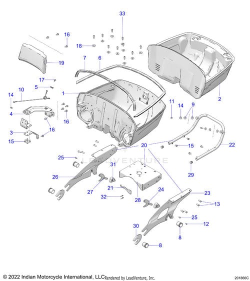 Exploded diagram of the Polaris Bin Trunk Ind Antenna Strgry [Storm Gray], showing labeled parts—case, mounting brackets, bolts, screws, and latch components—with numbered reference points for Polaris OEM Parts.