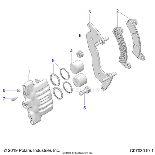 An Image of a Genuine Polaris Parts Schematic Diagram showing the schematic - BRAKES: CALIPER FRONT - 2021 POLARIS RZR PRO XP 4 PREMIUM