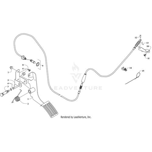 Exploded line drawing of a vehicles accelerator pedal assembly with labeled parts, including pedal, brackets, springs, connector components, and the Arctic Cat Accelerator Cable (Diesel) for easy identification.