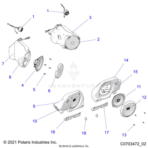 An Image of a Genuine Polaris Parts Schematic Diagram showing the schematic - ELECTRICAL: AUDIO SPEAKERS - 2023 POLARIS RZR PRO XP 4 ULTIMATE