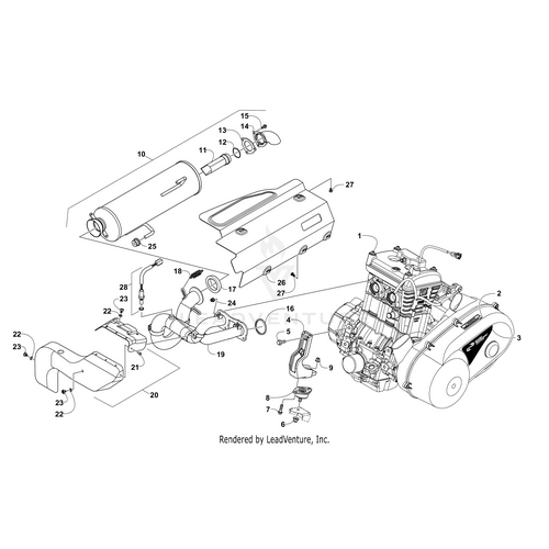 Exploded diagram of an engine assembly with numbered parts, including the engine, exhaust system, Manifold Assembly-Painted by Arctic Cat, cover plates, and OEM parts, with lines showing where each part fits in the assembly.