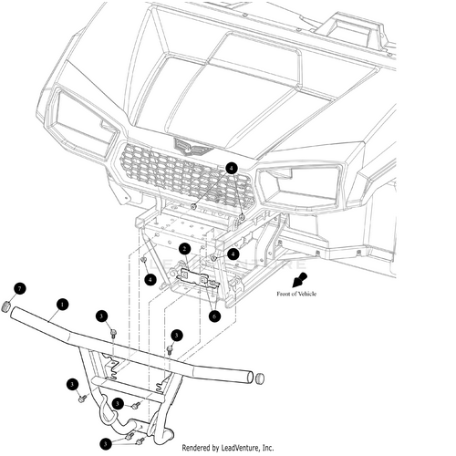 Line drawing diagram shows the front of a vehicle with numbered parts, highlighting the grille, bumper, and mounting points for the Brushguard Med Grn-Weld by Arctic Cat. Arrows indicate assembly positions and the vehicle’s front direction.