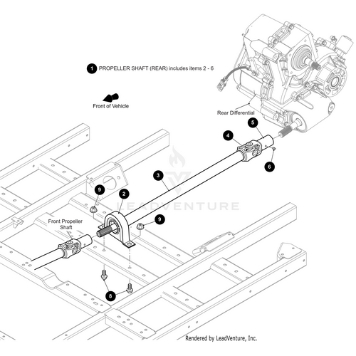 Technical diagram of the Propeller Shaft Rear (Inc. 2 - 6) by Arctic Cat, showing OEM parts like the engine, rear differential, propeller shaft, bracket, and hardware, each with numbered labels for reference.