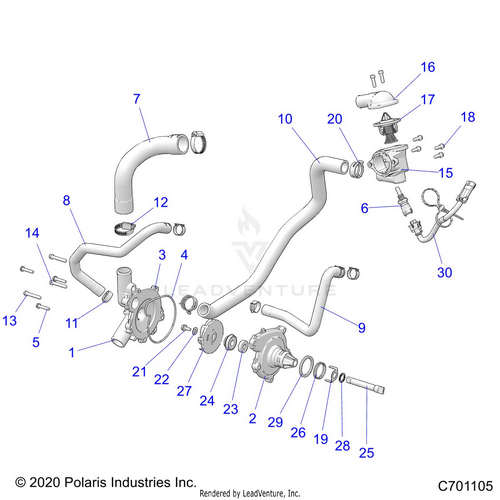 An Image of a Genuine Polaris Parts Schematic Diagram showing the schematic - ENGINE: WATERPUMP AND BYPASS - 2020 POLARIS RZR S 4 1000