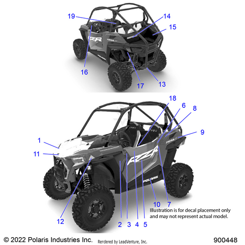 An Image of a Genuine Polaris Parts Schematic Diagram showing the schematic - BODY: DECALS - 2022 POLARIS RZR TRAIL S 1000 ULTIMATE