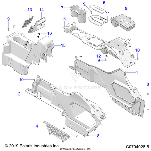 An Image of a Genuine Polaris Parts Schematic Diagram showing the schematic - BODY: CENTER CONSOLE - 2024 POLARIS RZR PRO XP 4 PREMIUM