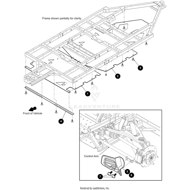 Line drawing of a vehicle chassis with frame components and mounting locations labeled 1–4. Close-up shows rear suspension, hardware parts 5–8, and fitment for the Skid Guard Rear 4-Pass by Arctic Cat from Witchdoctors.com. Arrows indicate front.
