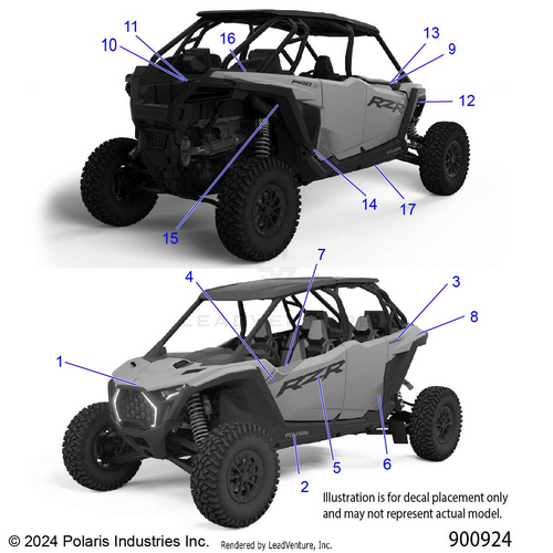 An Image of a Genuine Polaris Parts Schematic Diagram showing the schematic - BODY: DECALS - 2025 POLARIS RZR PRO S 4 ULTIMATE