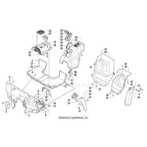 Exploded diagram showing labeled parts of the Front Fender - Left Orange by Arctic Cat, including panels, covers, hardware, and OEM components—each part is numbered for easy reference.