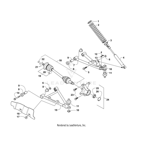 Technical diagram of a vehicle’s suspension system, featuring labeled components like springs, control arms, and axles—including the Suspension Spring by Arctic Cat and other OEM parts—shown with lines and numbers for assembly.