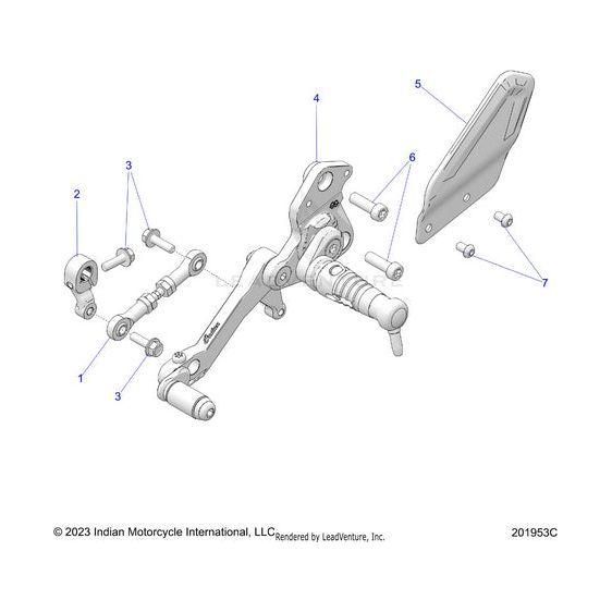 Exploded diagram of the Polaris Foot Centerl Shift Gilles Le assembly with numbered, labeled parts like bolts, brackets, foot peg, and side cover for easy ID. Compatible with Indian Motorcycle OEM and Polaris OEM parts.
