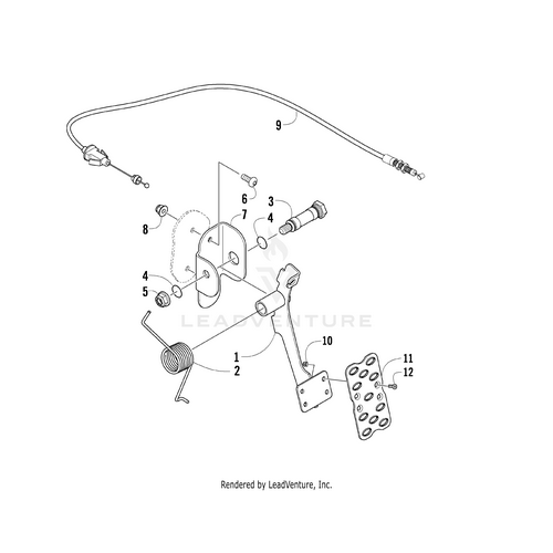 Exploded diagram of an automotive accelerator pedal assembly with labeled parts like the Accelerator Pad - Black by Arctic Cat, bracket, return spring, sensor, and OEM Arctic Cat parts. Components are numbered for easy identification.