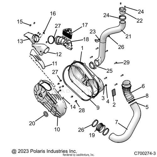 An Image of a Genuine Polaris Parts Schematic Diagram showing the schematic - DRIVE TRAIN: CLUTCH COVER AND DUCTING - 2023 POLARIS RZR XP 1000 PREMIUM