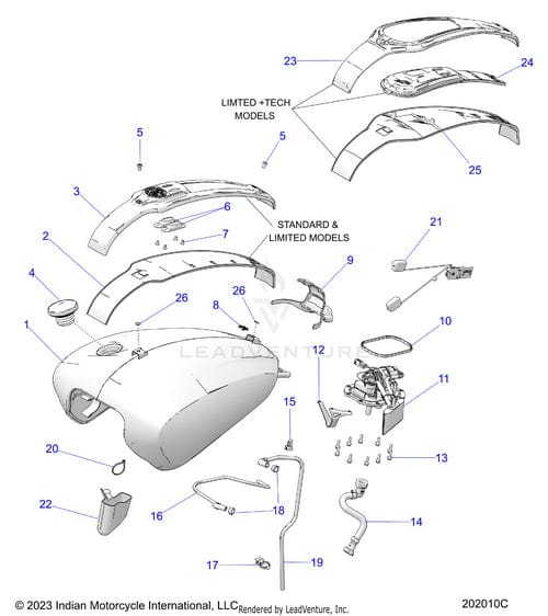 Exploded diagram of OEM parts for Indian Motorcycle, showing labeled Console Tank Fuel Black [Limited + Tech Models] by Polaris, covers, dash, wiring, and part numbers.