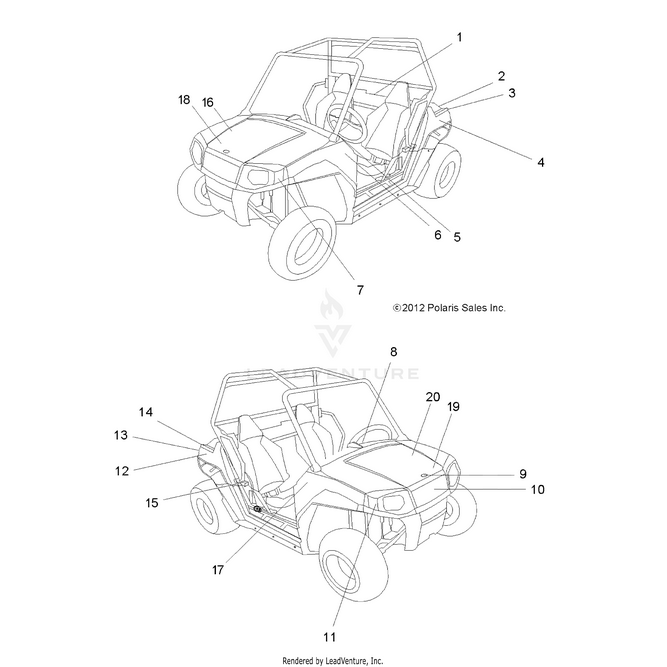An Image of a Genuine Polaris Parts Schematic Diagram showing the schematic - BODY: DECALS - 2015 POLARIS RZR 170