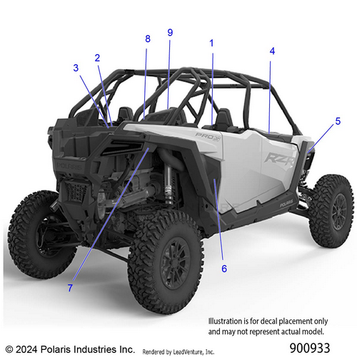 An Image of a Genuine Polaris Parts Schematic Diagram showing the schematic - BODY: DECALS STANDARD - 2026 POLARIS RZR PRO S 4 SPORT
