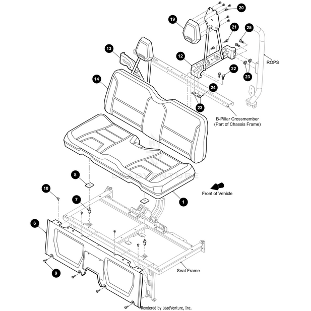 Exploded diagram of a vehicle rear seat assembly showing labeled parts like the seat frame, backrest, Seatback Support Left Black-Weld by Arctic Cat, headrests, mounting hardware, and their attachment points to the chassis frame and ROPS.