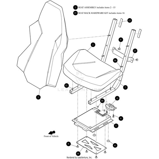 Exploded diagram of a vehicle seat assembly featuring components like the Brace Seat Bottom Black by Arctic Cat, backrest, brackets, bolts, and hardware—each part is numbered for easy OEM Arctic Cat identification.