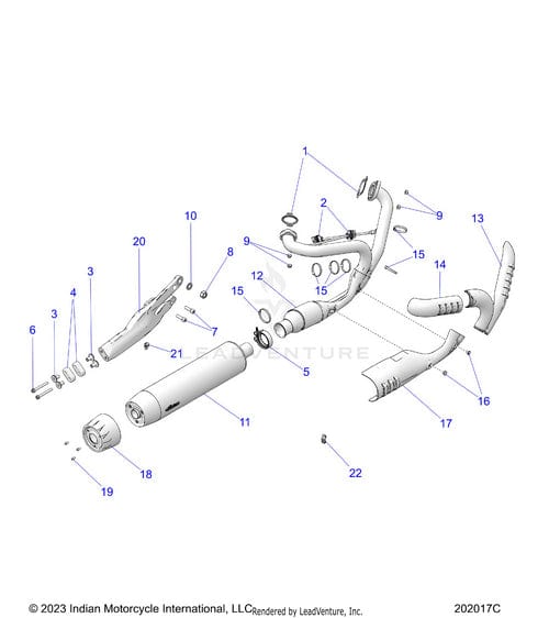 Exploded diagram of motorcycle exhaust components, each part numbered for reference, including pipes, Polaris factory-direct OEM parts like screws, gaskets, muffler brackets, and the Muffler Badge Chrome by Polaris.