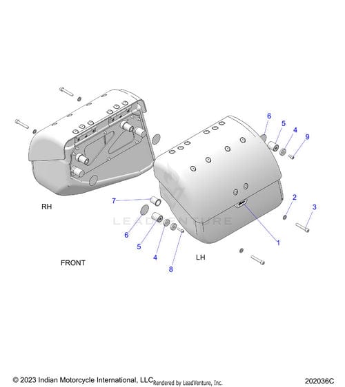 Diagram of two Polaris Bumper Saddlebags, labeled RH (right) and LH (left); RH bag displays internal parts and assembly bolts with OEM numbers, while the LH saddlebag is closed.