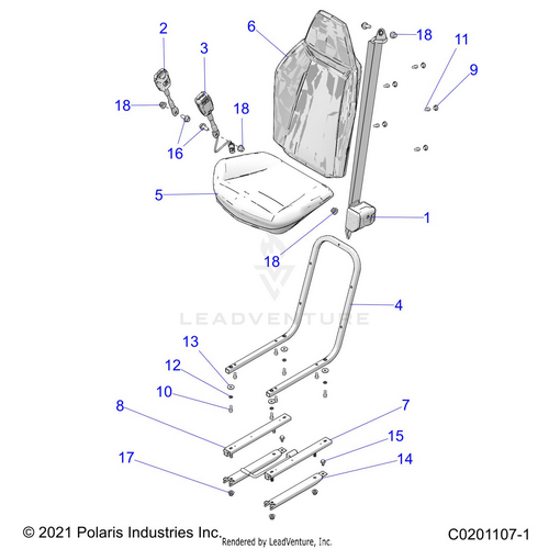 An Image of a Genuine Polaris Parts Schematic Diagram showing the schematic - BODY: SEAT MOUNTING and BELTS - 2021 POLARIS RZR 200