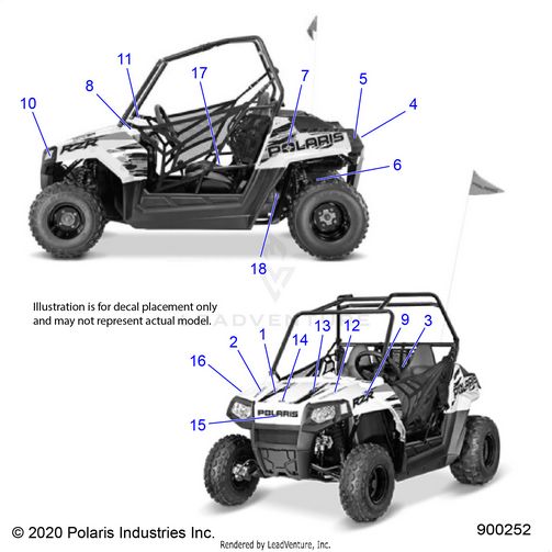 An Image of a Genuine Polaris Parts Schematic Diagram showing the schematic - BODY: DECALS - 2021 POLARIS RZR 170
