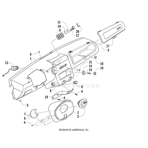 Line drawing of the Dash Panel - Prowler (Standard/Xt) by Arctic Cat, showing labeled parts like glove box, vents, knobs, switches, and screws, with OEM components separated and numbered for assembly reference.