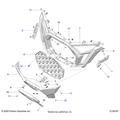 An Image of a Genuine Polaris Parts Schematic Diagram showing the schematic - BODY: FRONT BUMPER - 2025 POLARIS RZR PRO XP 4 ULTIMATE