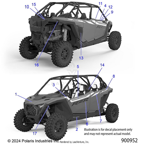 An Image of a Genuine Polaris Parts Schematic Diagram showing the schematic - BODY: DECALS - 2025 POLARIS RZR PRO XP 4 PREMIUM