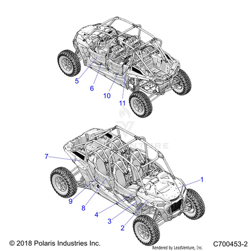An Image of a Genuine Polaris Parts Schematic Diagram showing the schematic - BODY: DECALS GRAPHICS - 2019 POLARIS RZR XP 4 TURBO S VELOCITY
