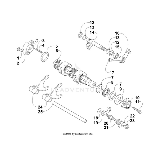 Exploded diagram of a mechanical assembly displaying numbered components—gears, shafts, forks, fasteners, and washers—with the Plate Gear Shift Cam by Arctic Cat featured and all OEM parts separated for clarity.