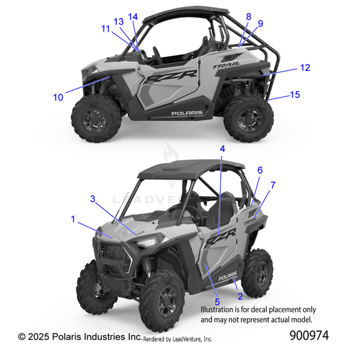 An Image of a Genuine Polaris Parts Schematic Diagram showing the schematic - BODY: DECALS - 2026 POLARIS RZR 900 TRAIL ULTIMATE
