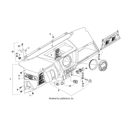 Exploded diagram of a vehicle dashboard assembly showing labeled parts, including the main panel, vents, Gauge Ps-Iso (018 Wc Trl) (Inc. 17) by Arctic Cat, instrument cluster, switches, fasteners, and numbered OEM Arctic Cat components.