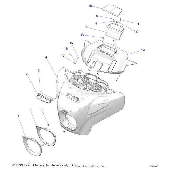 Exploded diagram of the Fairing Front Sgrygfx [Storm Gray W/ Gfx] by Polaris, showing 14 numbered parts—headlights, covers, and panels—separately to illustrate placement on Indian Motorcycle OEM models.
