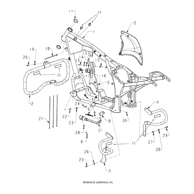 Exploded diagram of the Reva Center Fairing Set Thndr Black by Polaris, with numbered parts like panels, screws, bolts, and brackets. Includes detailed labeling for easy identification and positioning of OEM components.