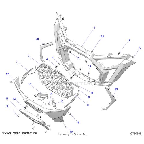 An Image of a Genuine Polaris Parts Schematic Diagram showing the schematic - BODY: FRONT BUMPER - 2025 POLARIS RZR PRO R 4 SPORT