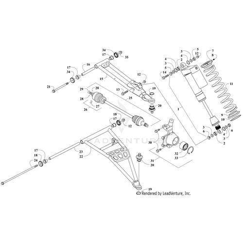 Exploded diagram of a vehicle’s front suspension, with labeled parts like the Arctic Cat A-Arm - Front Upper-Left-Tag (Inc.16-20), shock absorber, coil spring, hub, bushings, bolts, and joints—all OEM Arctic Cat parts have numbered references.