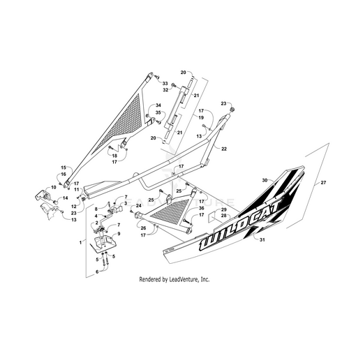 Exploded view diagram of Arctic Cat Door Panel W/Decals-Wm-Right (Wc 4X 2016) (Inc. 28 and 30-31), side panels, frame parts, mesh inserts, and fasteners. Numbered labels show OEM assembly placement.