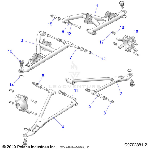 An Image of a Genuine Polaris Parts Schematic Diagram showing the schematic - SUSPENSION: FRONT CONTROL ARMS - 2020 POLARIS RZR PRO XP