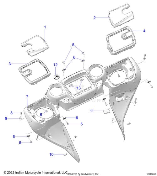 Exploded diagram of an Indian Motorcycle dashboard fairing assembly showing labeled parts like panels, fasteners, the Bezel Speaker LH Hvymtg [Heavy Metal Gloss] by Polaris, and numbered OEM Parts for easy identification.