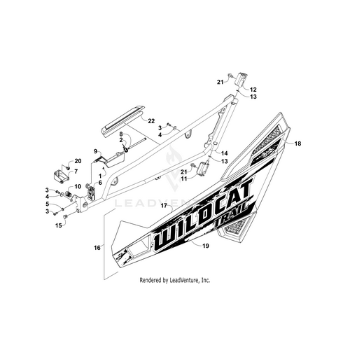 Exploded diagram of motorcycle body parts, featuring the Door Panel W/Decals-Mb-Left (Wc Trail Xt) (Inc. 17-19) by Arctic Cat. Each numbered part aids in identifying OEM components for models like the Wildcat Trail XT.