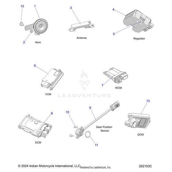 Diagram of motorcycle electronic components, featuring the Vcm Gen2.1 Unprogrammed V2 (Dealer Install Required) by Polaris, horn, regulator, ECM, and more—each labeled with part numbers. Compatible with Polaris OEM and Indian Motorcycle OEM systems.