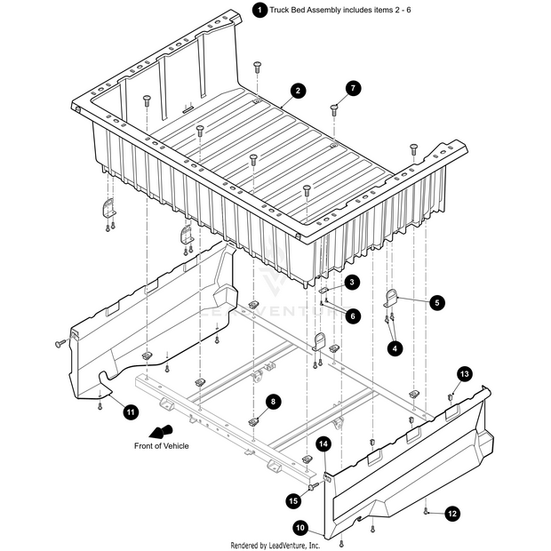 Exploded diagram of a truck bed assembly showing individual parts, fasteners, and side panels—such as the Bed Side Panel - Passenger Side by Arctic Cat—with numbered labels, assembly arrows, and Front of Vehicle noted at bottom left.