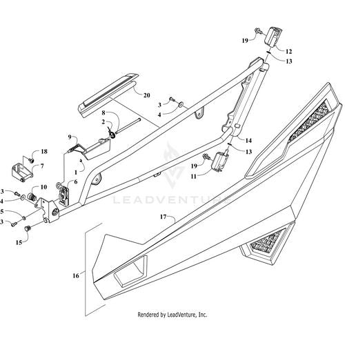 Exploded diagram of the Arctic Cat Door W/Decals - Right (Inc. 17) shows frame sections, fasteners, light housings, and labeled parts—perfect for finding OEM Arctic Cat Door or UTV ATV accessory components.
