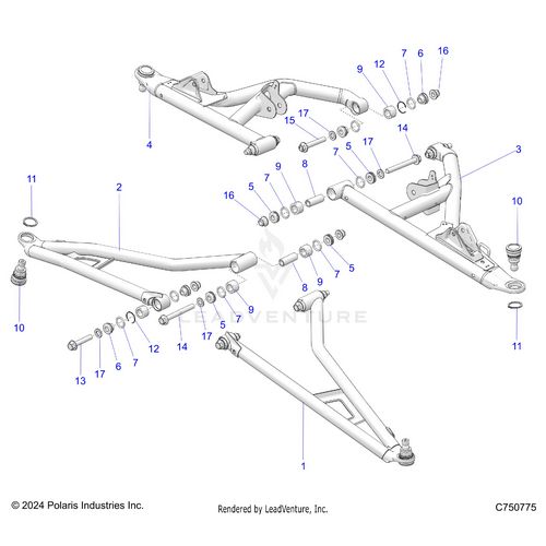 An Image of a Genuine Polaris Parts Schematic Diagram showing the schematic - SUSPENSION: FRONT CONTROL ARMS - 2025 POLARIS RZR PRO XP PREMIUM