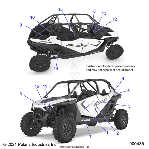 An Image of a Genuine Polaris Parts Schematic Diagram showing the schematic - BODY: DECALS - 2021 POLARIS RZR PRO XP 4 ULTIMATE