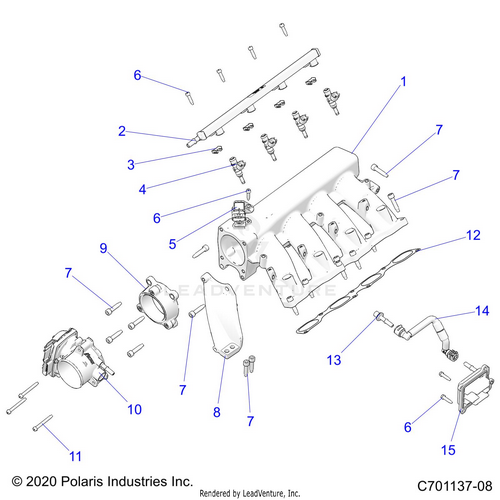 An Image of a Genuine Polaris Parts Schematic Diagram showing the schematic - ENGINE: INTAKE MANIFOLD FUEL RAIL - 2024 POLARIS RZR PRO R PREMIUM