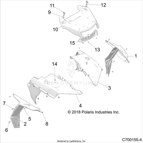 An Image of a Genuine Polaris Parts Schematic Diagram showing the schematic - BODY: HOOD AND FRONT BODY WORK - 2019 POLARIS RZR XP TURBO S VELOCITY