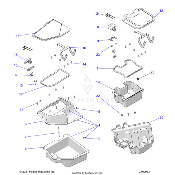 An Image of a Genuine Polaris Parts Schematic Diagram showing the schematic - BODY: FRONT STORAGE - 2023 POLARIS RZR TURBO R 4 PREMIUM RIDE COMMAND